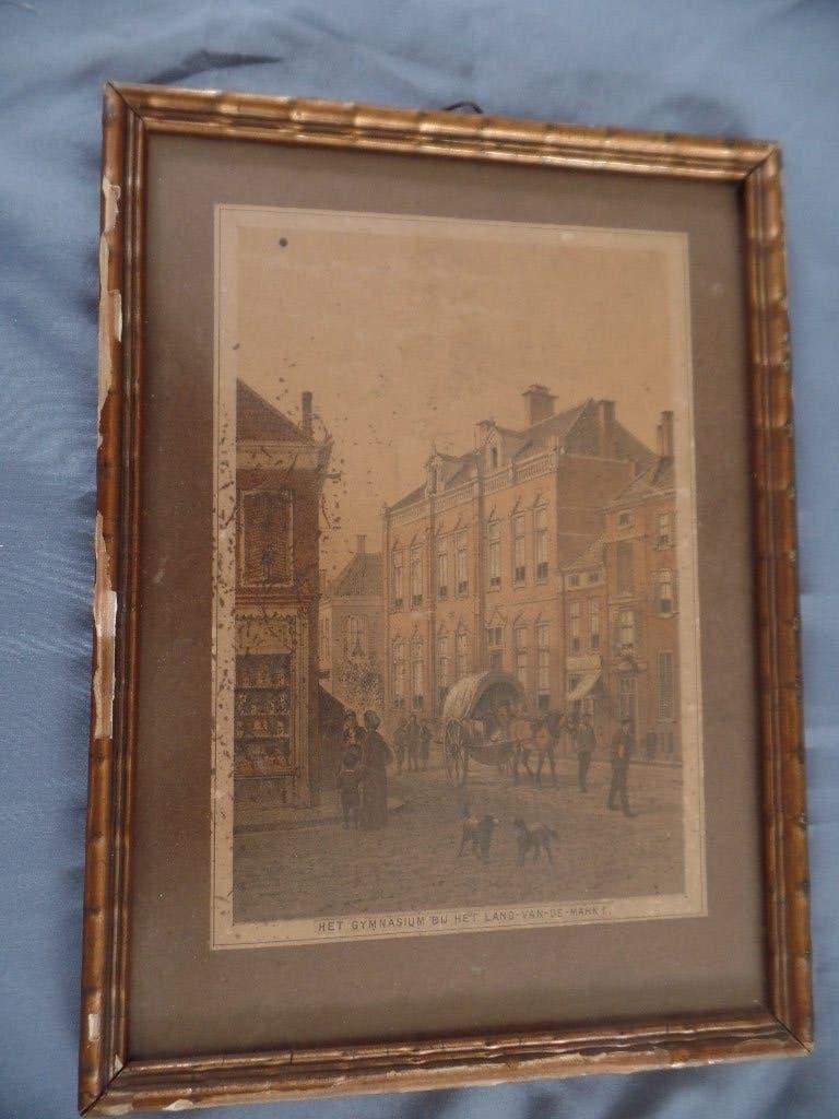 litho antiek Arnhem gymnasium land van de markt prent bos, Ingelijst, Overige onderwerpen, Ophalen of Verzenden, Lithografie