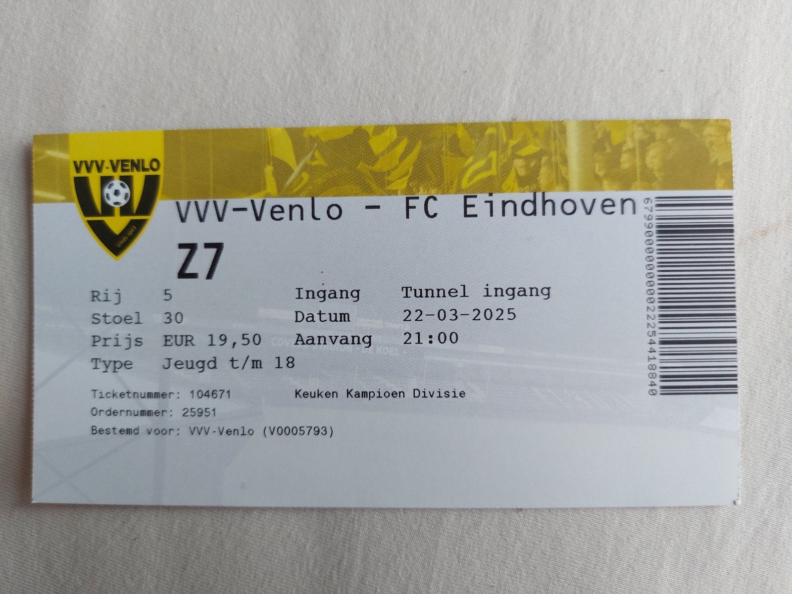Ticket VVV-Venlo - FC Eindhoven 22-3-2025, Tickets en Kaartjes, Twee personen