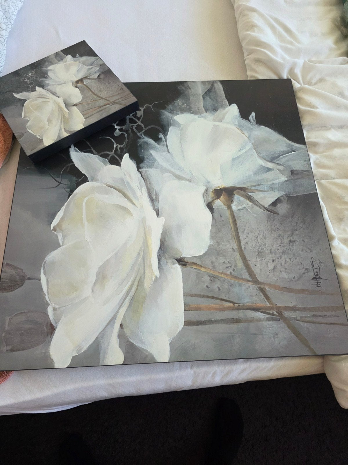 Schilderij met witte rozen en bijpassend klein doek, Ophalen