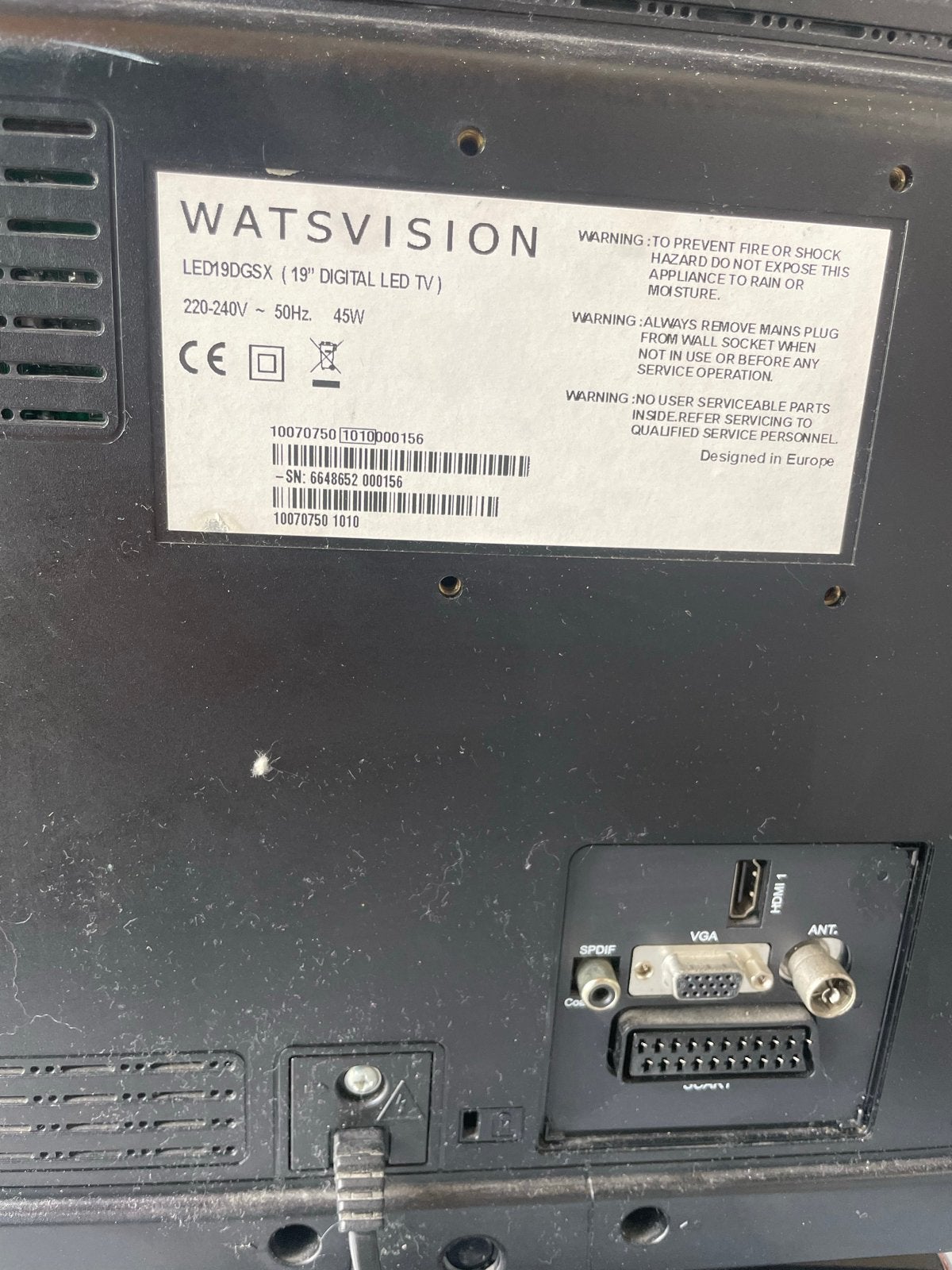 Watsvision LED19DGSX 19 inch LED TV, 50 Hz, HD Ready (720p), Minder dan 40 cm, Ophalen
