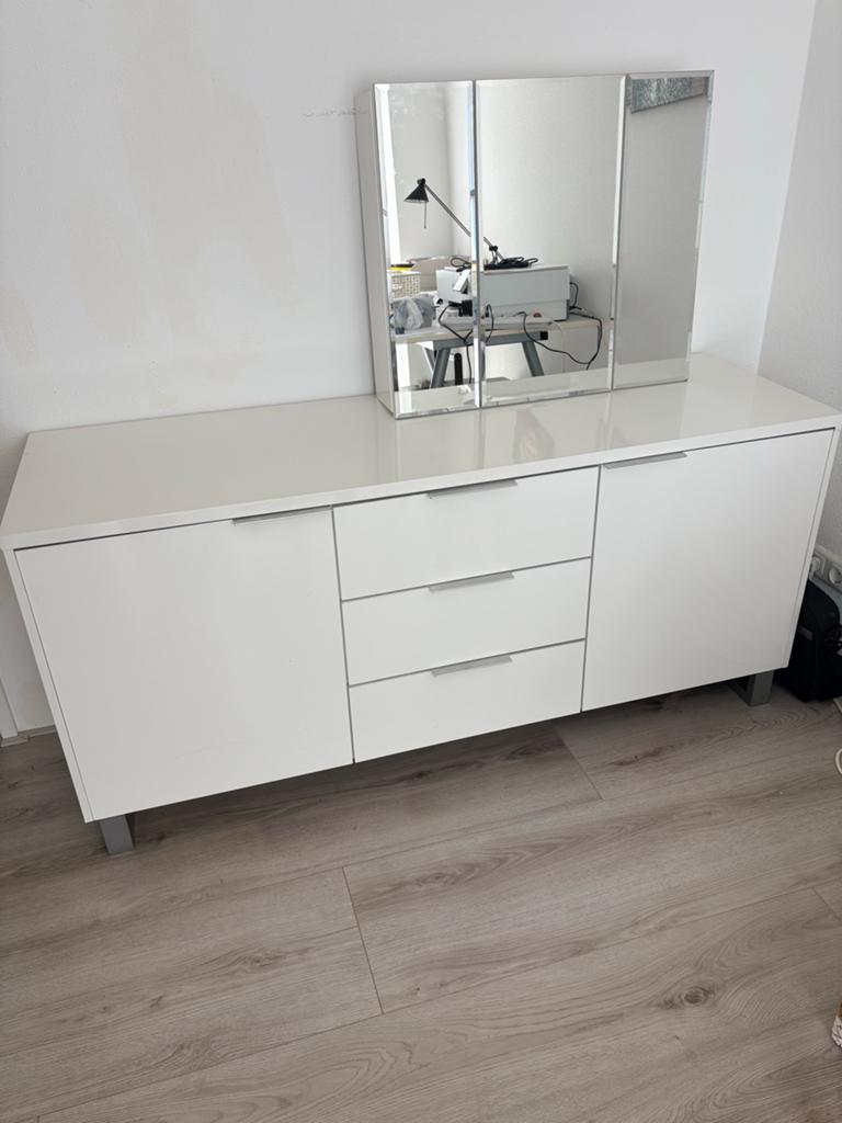 Witte hoogglans dressoir met lades en deuren, Ophalen, Overige materialen, Gebruikt, 150 tot 200 cm