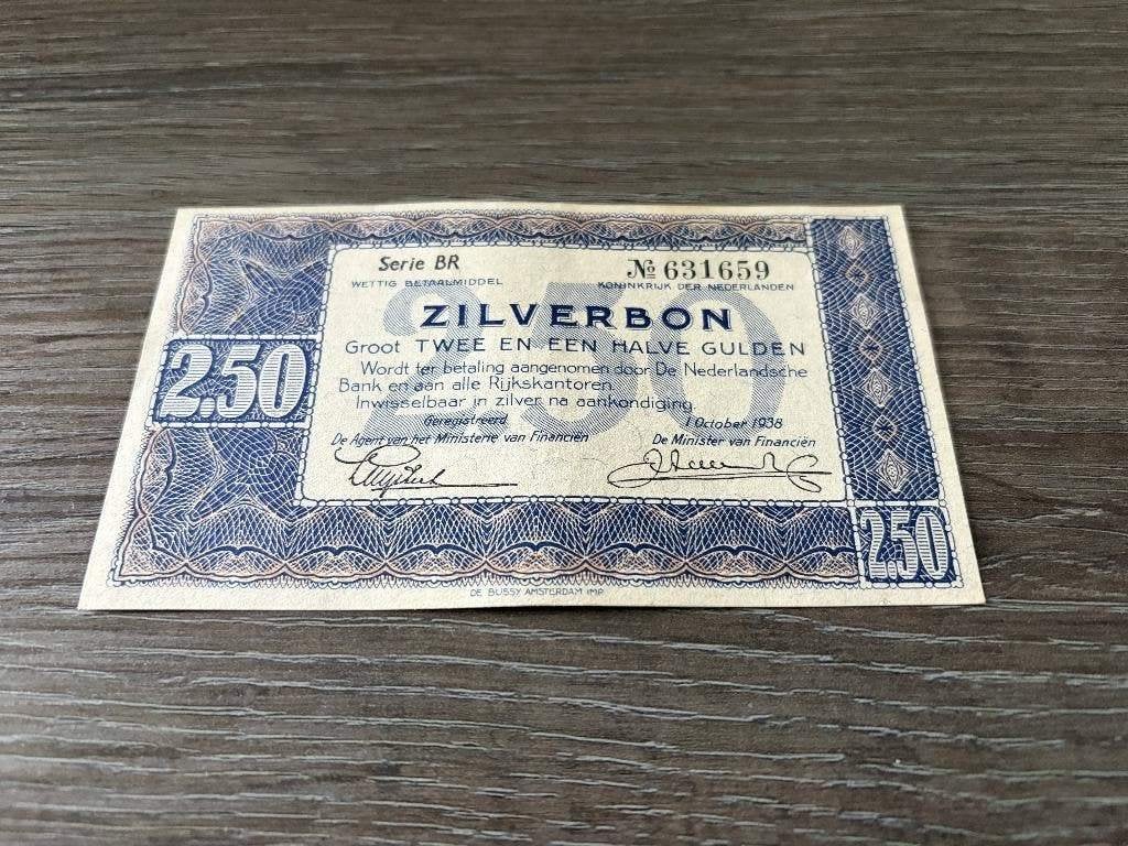 Bijna UNC biljet 2,5 gulden 1938, zilverbon, Ophalen of Verzenden, 1 gulden