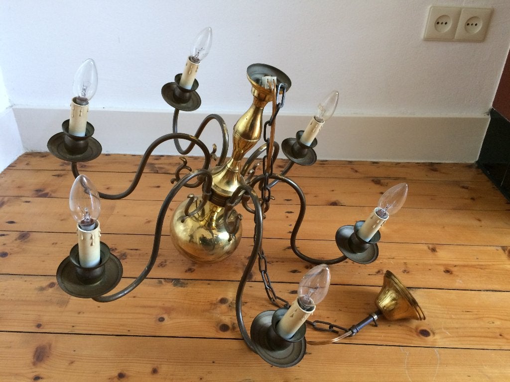 Goudkleurige bolkroonluchter kroonluchter met druip kaarsjes, Huis en Inrichting, Gebruikt, Barok, E14 (klein), Ophalen of Verzenden