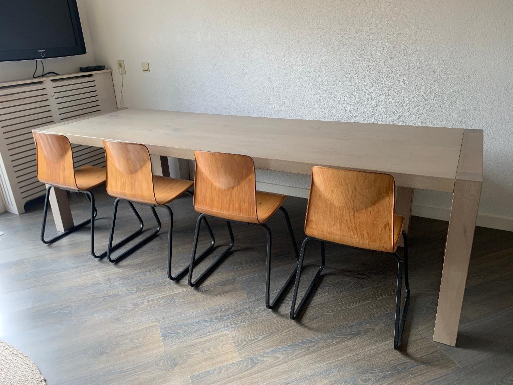 Eiken eetkamertafel 2.6 meter lang - incl. muurbank, Ophalen, 200 cm of meer, 50 tot 100 cm, Zo goed als nieuw