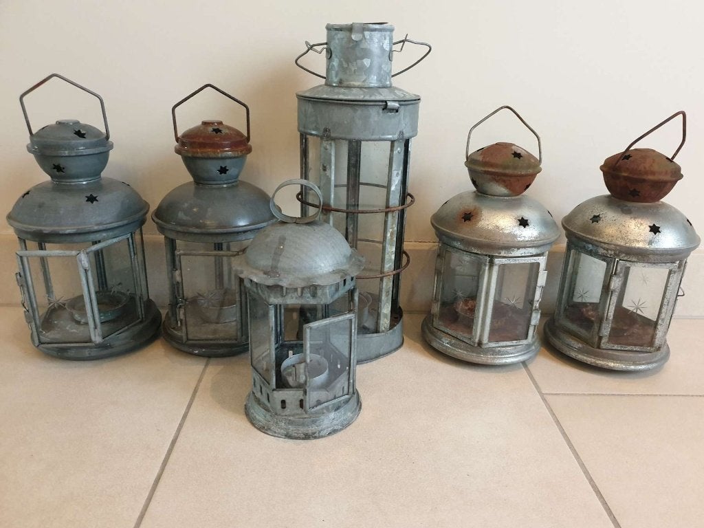 6x vintage metaal staal theelicht houder lantaarn gebruikt, Ophalen of Verzenden, Zwart, Overige materialen, Lantaarn