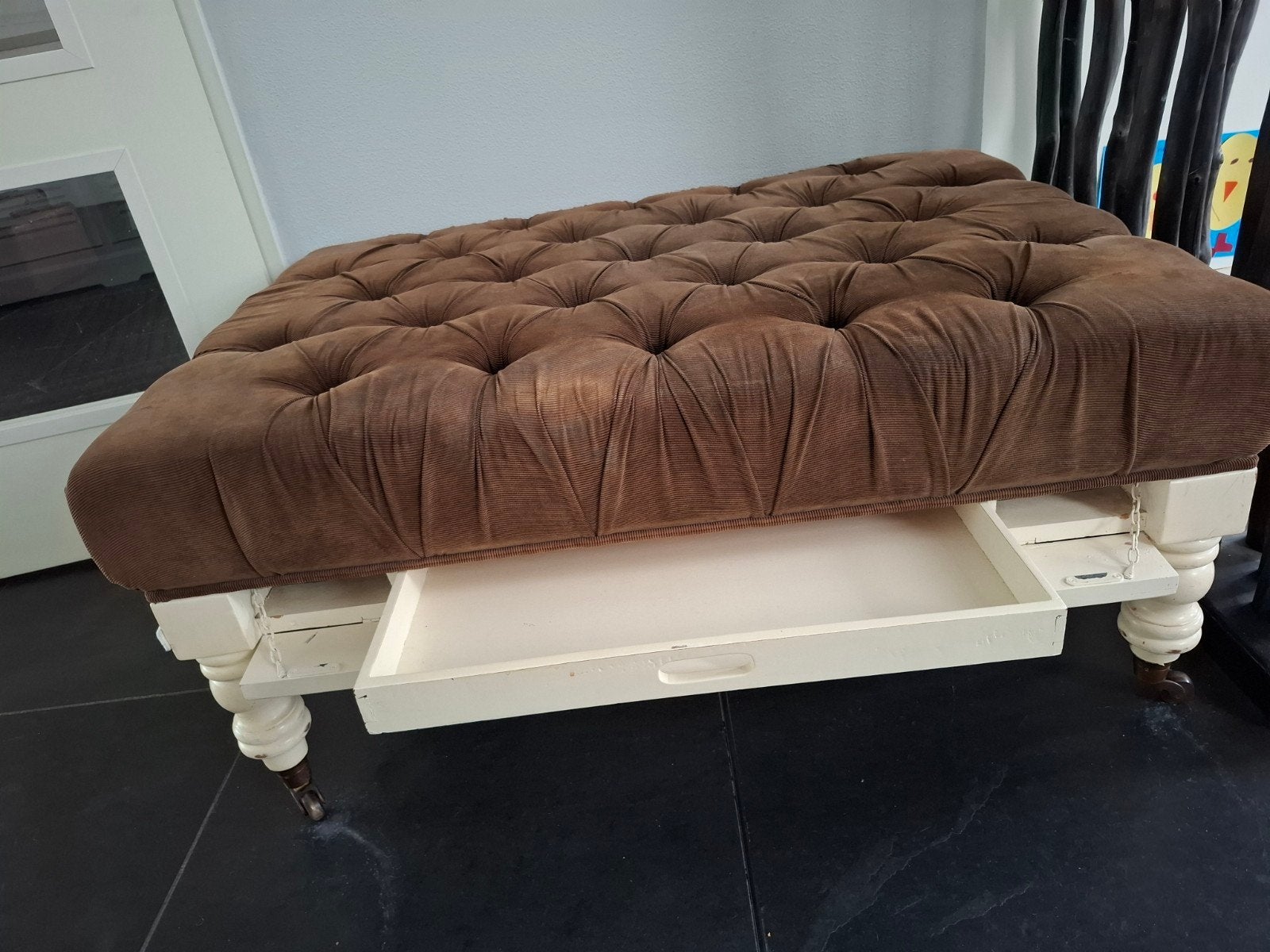 Bruine gestoffeerde poef / salontafel ROFRA Home Landelijk!, Ophalen, Gebruikt, 100 tot 125 cm, Stof