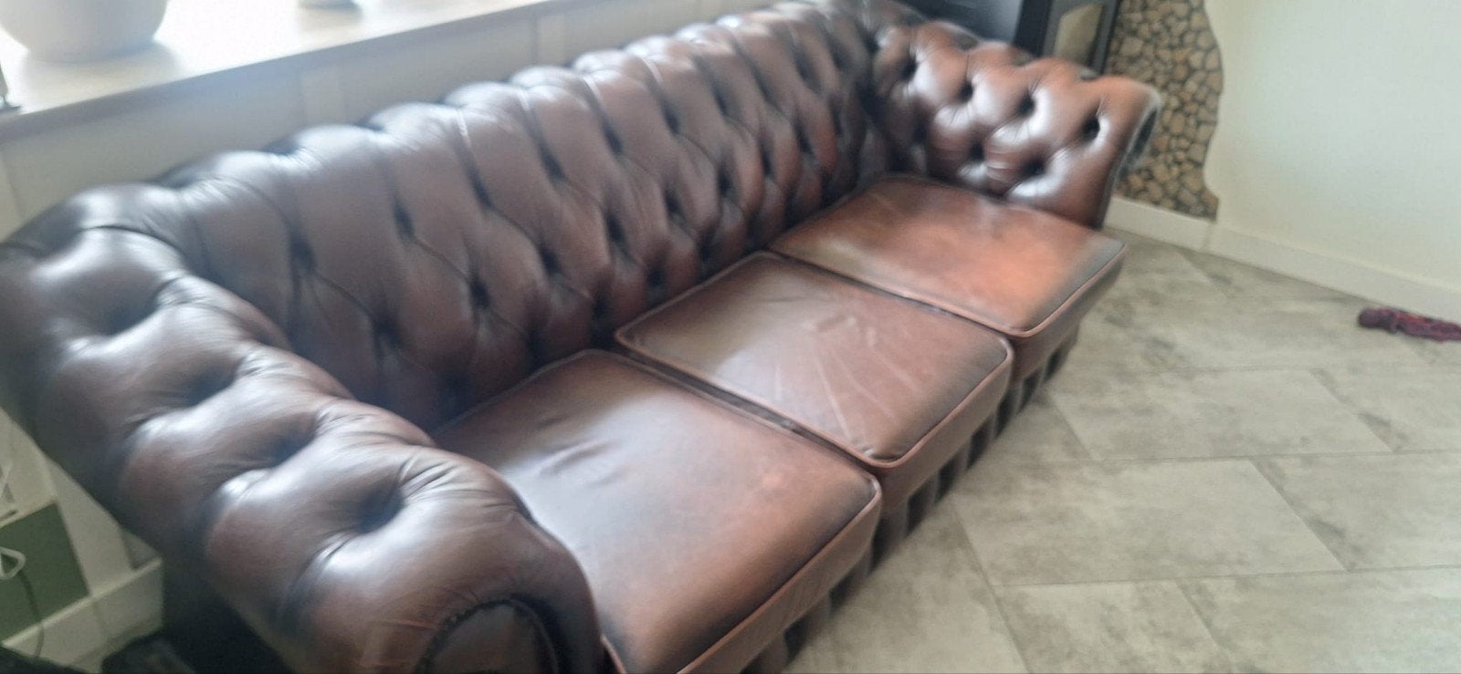 Chesterfield bank - Bruin leer - 3-zits, Huis en Inrichting, Ophalen, Gebruikt, Driepersoons, Rechte bank