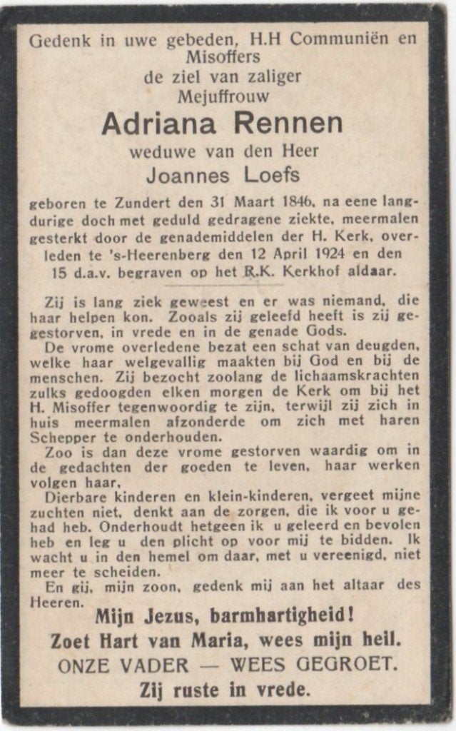 Adriana Rennen 1846 Zundert + 1924 's Heerenberg, 78 jaar, Ophalen of Verzenden