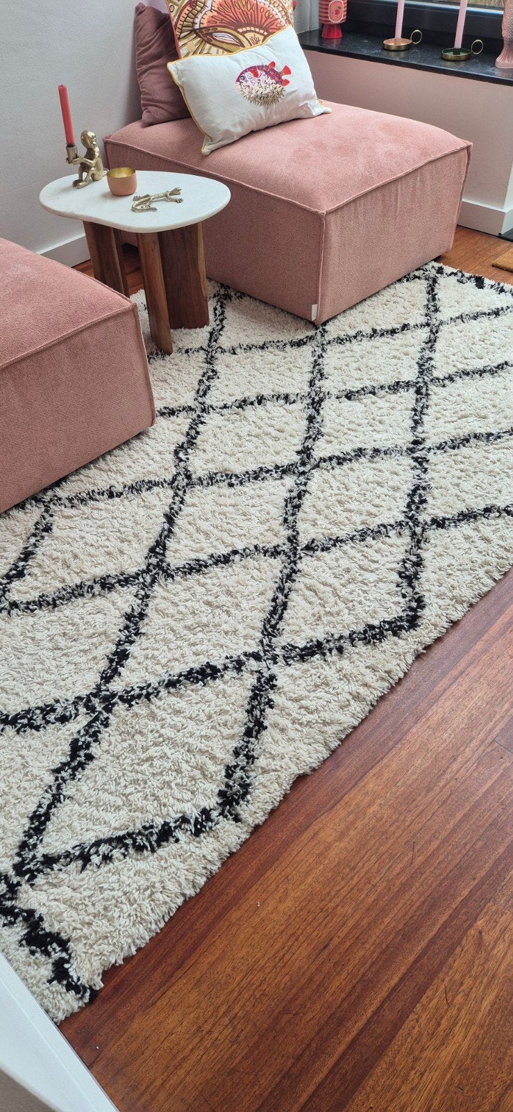 Zwart-wit vloerkleed met ruitpatroon, Huis en Inrichting, Ophalen, Modern, Bohemian, 150 tot 200 cm, Zo goed als nieuw
