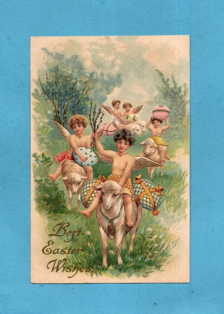 Oude Paaskaart/reliéf - Engeltjes en Lammetjes - W154 - 1910, Verzenden, Voor 1920, Gelopen, Feest(dag)