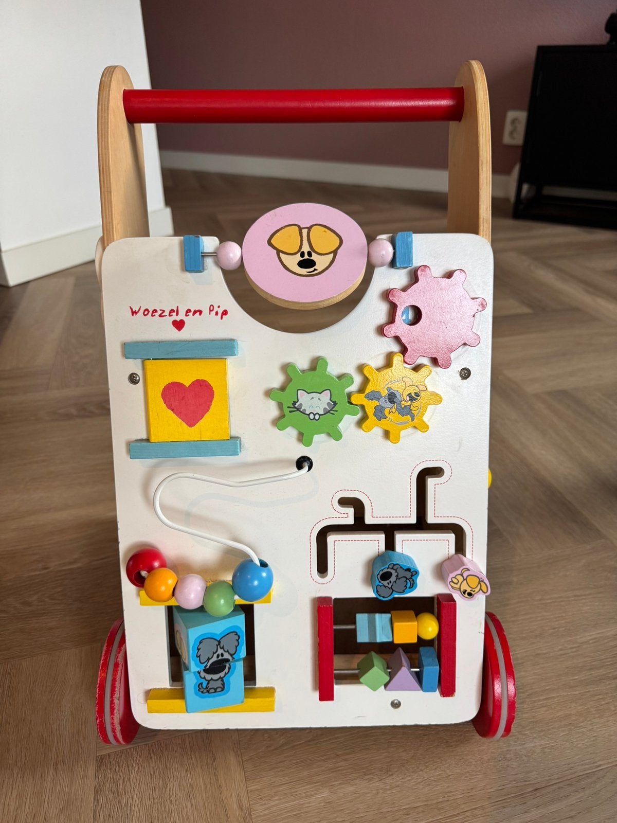 Houten loopwagen woezel en pip met activiteitenbord, Ophalen, Zo goed als nieuw, Duw- of Trekspeelgoed