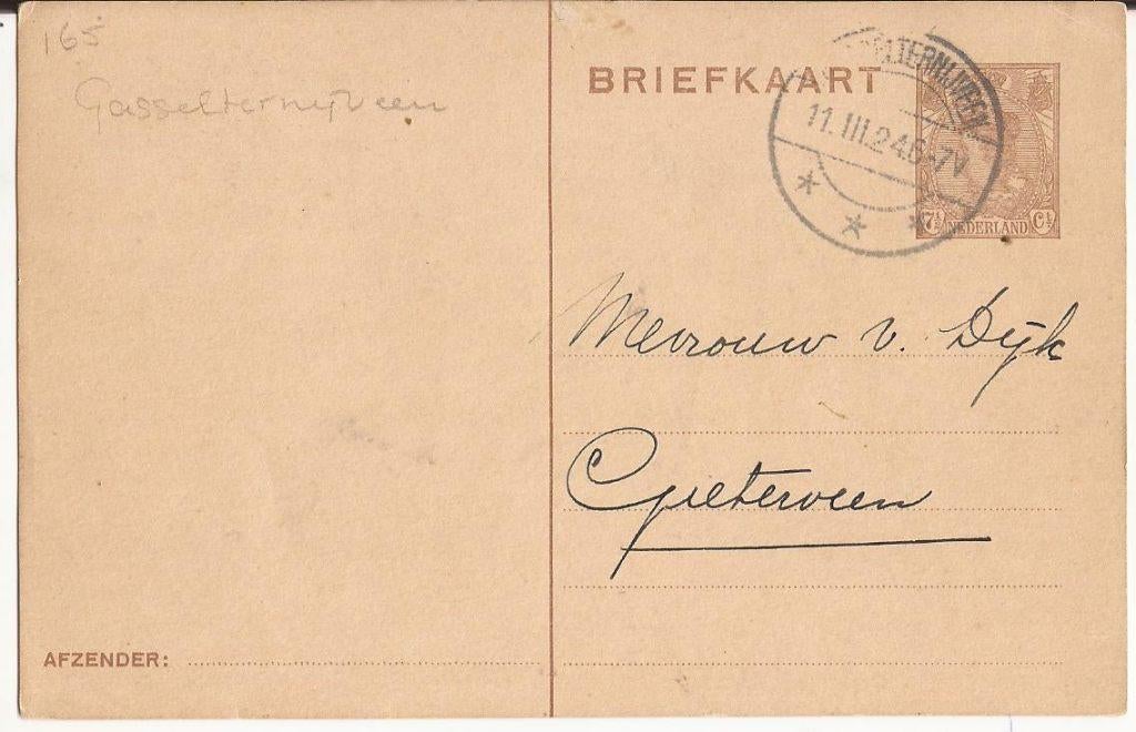 GASSELTERNIJVEEN 1924 naar Mevr. Van DIJK te GIETERVEEN, Verzamelen, Ophalen of Verzenden, Voor 1920, Gelopen, Drenthe