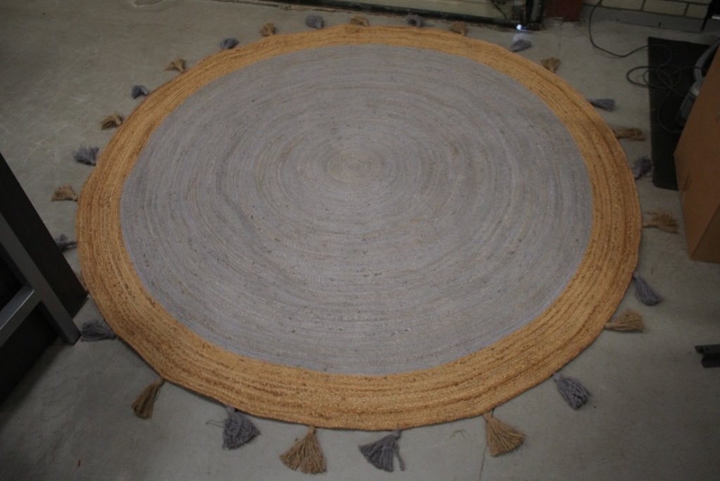 Leuk hip rond vloerkleed Jute grijs naturel met franjes Ø240