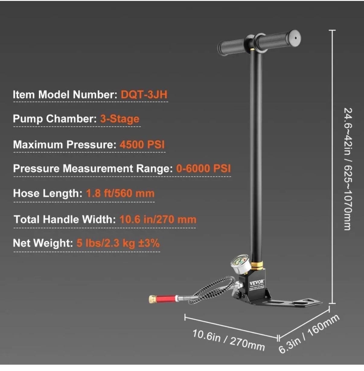 VEVOR PCP Handpomp 30Mpa 4500 PSI met filter en meter, 10 bar of meer, Nieuw, Ophalen of Verzenden, Minder dan 200 liter/min