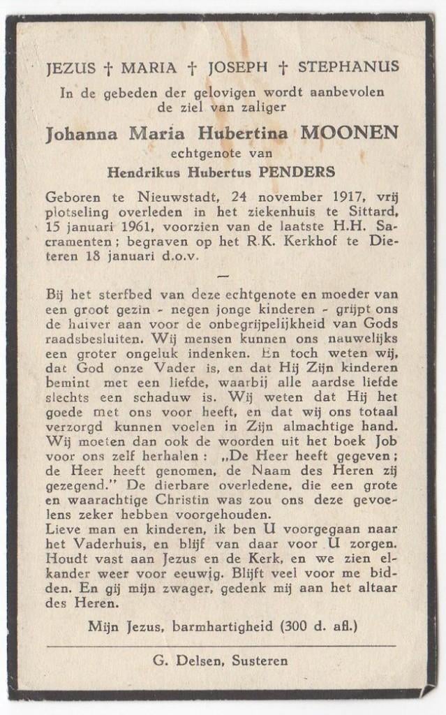 Johanna M.H. Moonen 1917 Nieuwstadt + 1961 Sittard, 43 jaar, Verzamelen, Bidprentjes en Rouwkaarten, Verzenden