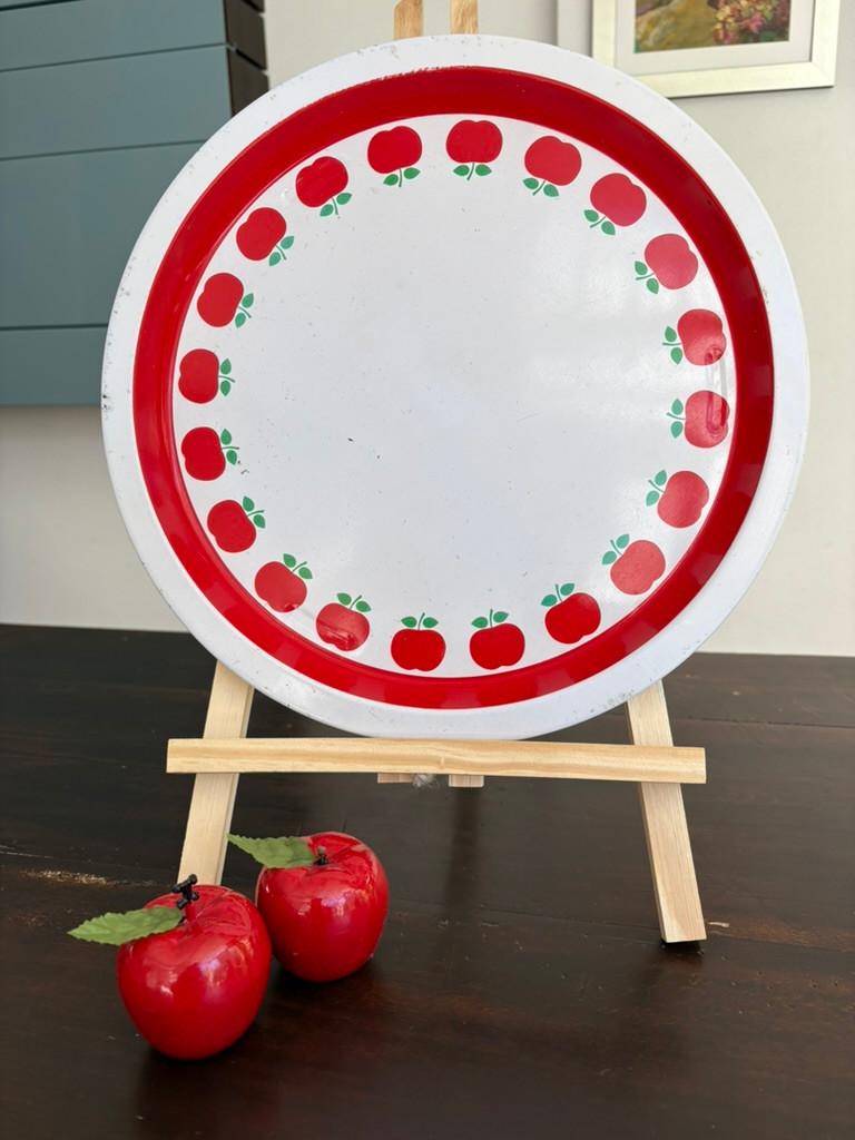 Vintage metalen dienblad met appeltjes, jaren 70, Huis en Inrichting, Ophalen of Verzenden, Gebruikt, Rond, Metaal