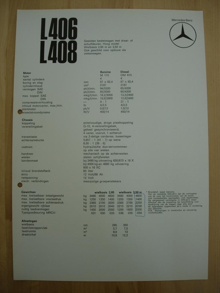 Mercedes 406 408 Technische Specificatie Brochure 1969 406D, Zo goed als nieuw, Mercedes-Benz, Mercedes, Ophalen of Verzenden