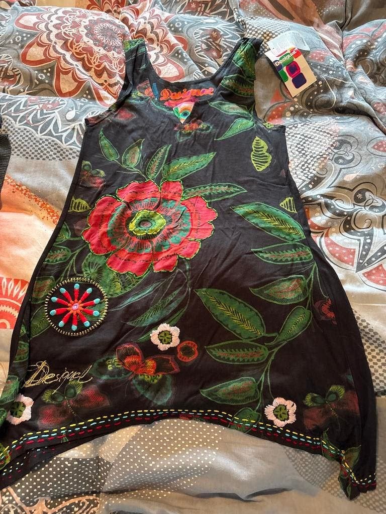 Desigual Zomerjurk met Bloemenprint - Maat XL, Zwart, Maat 46/48 (XL) of groter, Nieuw, Ophalen of Verzenden