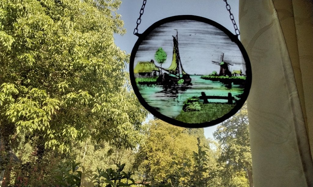 Glas In Lood Gebrandschilderde Raamhanger Landschap Molen, Ophalen, Gebruikt, Minder dan 80 cm, Overige typen
