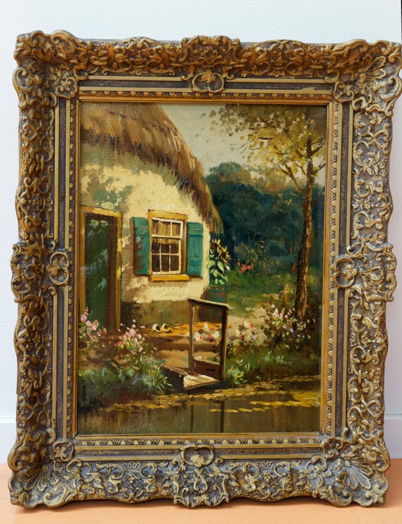 Landschapsschilderij met bloemen en landhuis incl lijst, Doek, Impressionistisch, Ophalen of Verzenden, Landschap