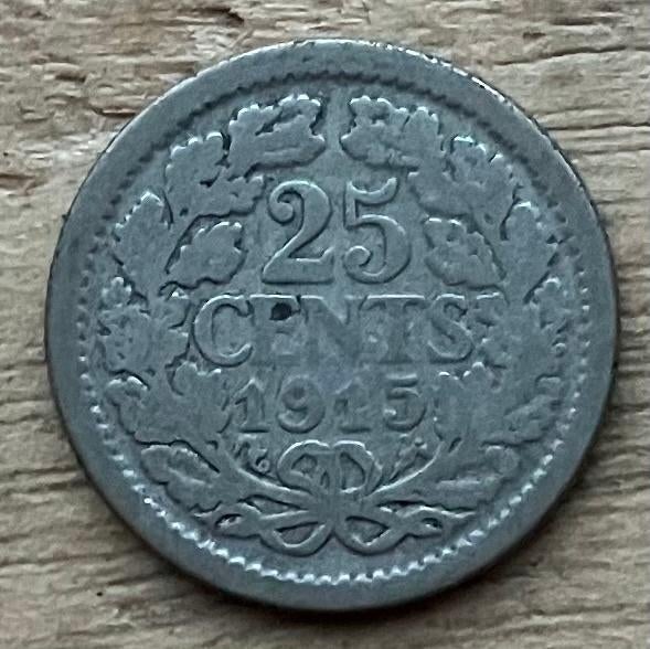 25 cent 1915 Wilhelmina, Postzegels en Munten, Munten | Nederland, Ophalen, Zilver, 25 cent, Koningin Wilhelmina