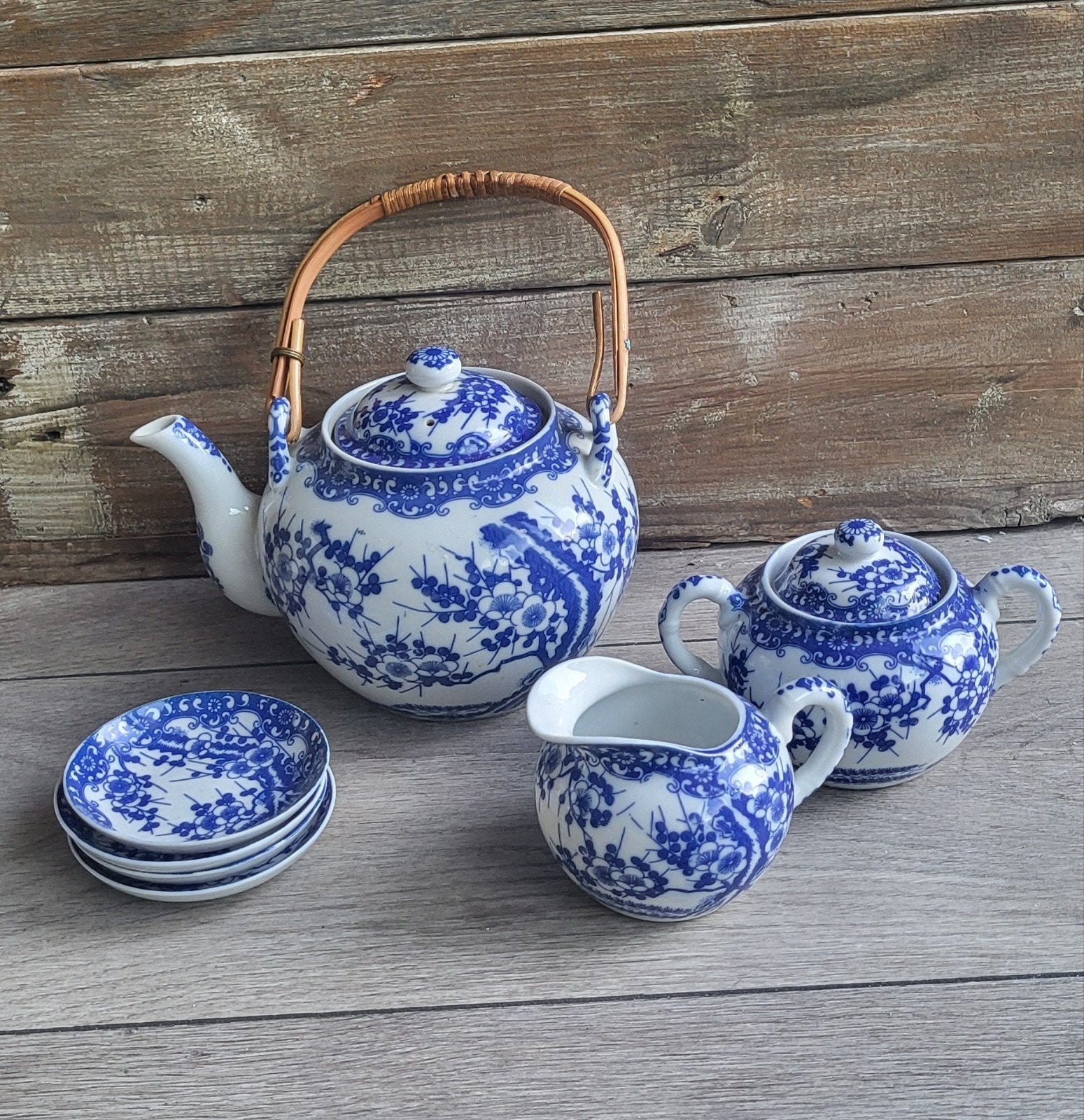 Vintage Japans bloesem theeservies - Blauw-wit porselein, Ophalen of Verzenden