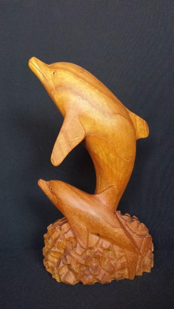 Houten Sculptuur DOLFIJNEN <> Handwerk ca 31 cm hoog, Houtsnijwerk, Ophalen of Verzenden, 20 - 50 cm, Hout