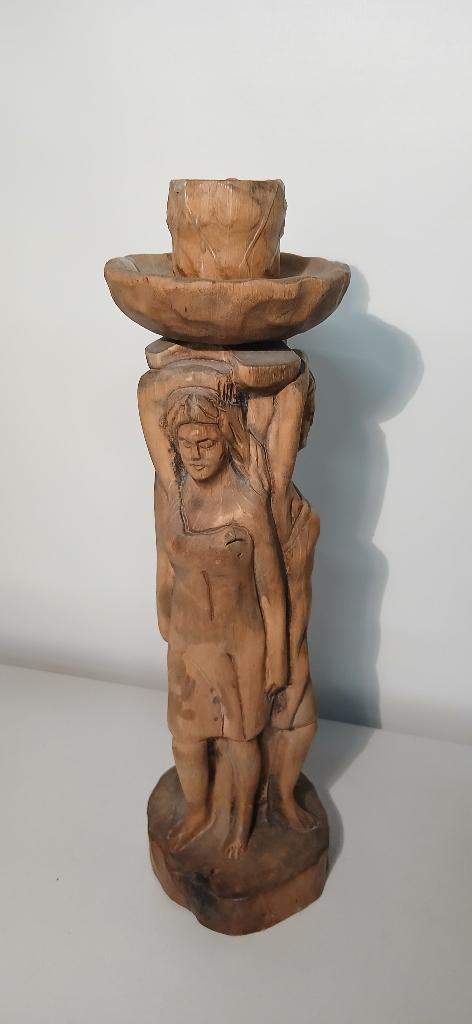 Oude Kaars Kandelaar Houtsnijwerk Kunst Spanje Handgemaakt, Antiek en Kunst, Art nouveau, Ophalen of Verzenden, 20 - 50 cm, Totempaal