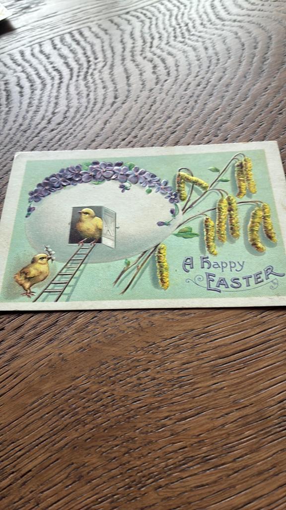 Vrolijk Pasen. Reliefkaart.Ei,kuikens,bloemen, ladder, Ophalen of Verzenden, Voor 1920, Ongelopen