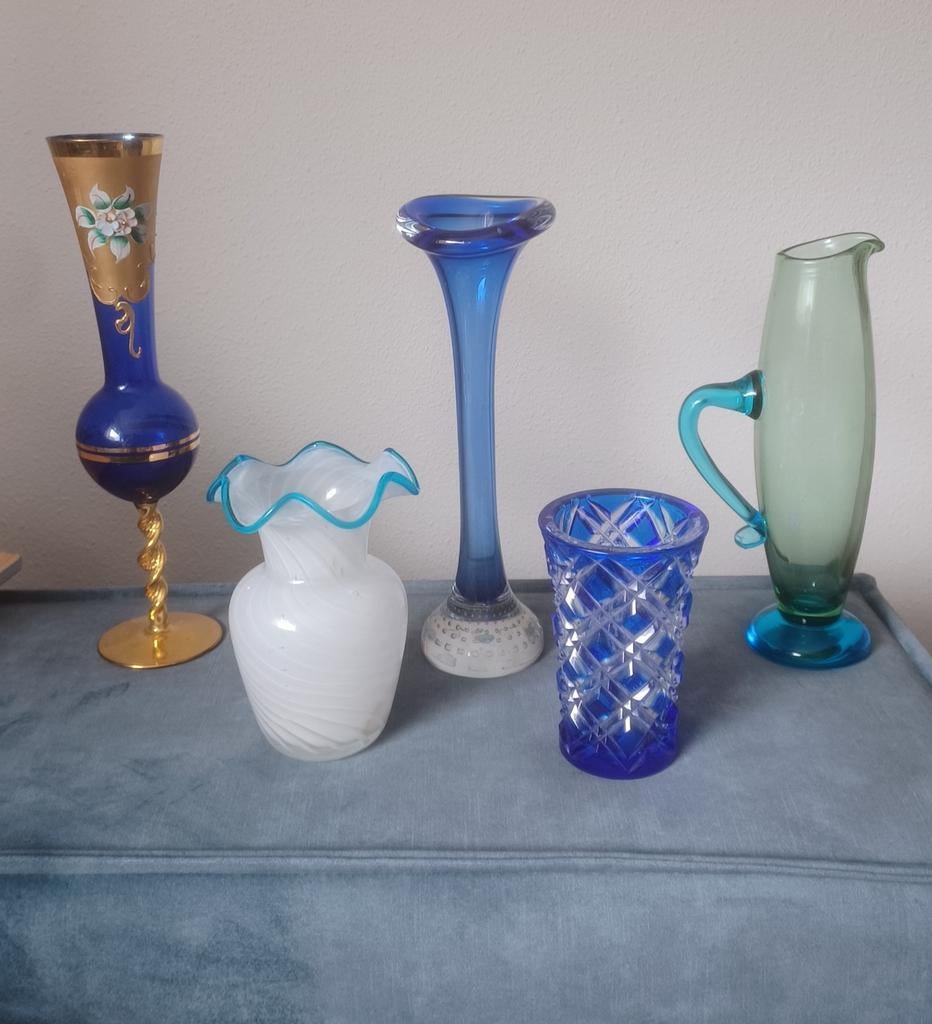 Collectie vintage glas vazen glaswerk vaas kunst, Overige kleuren, Ophalen of Verzenden, Minder dan 50 cm, Glas