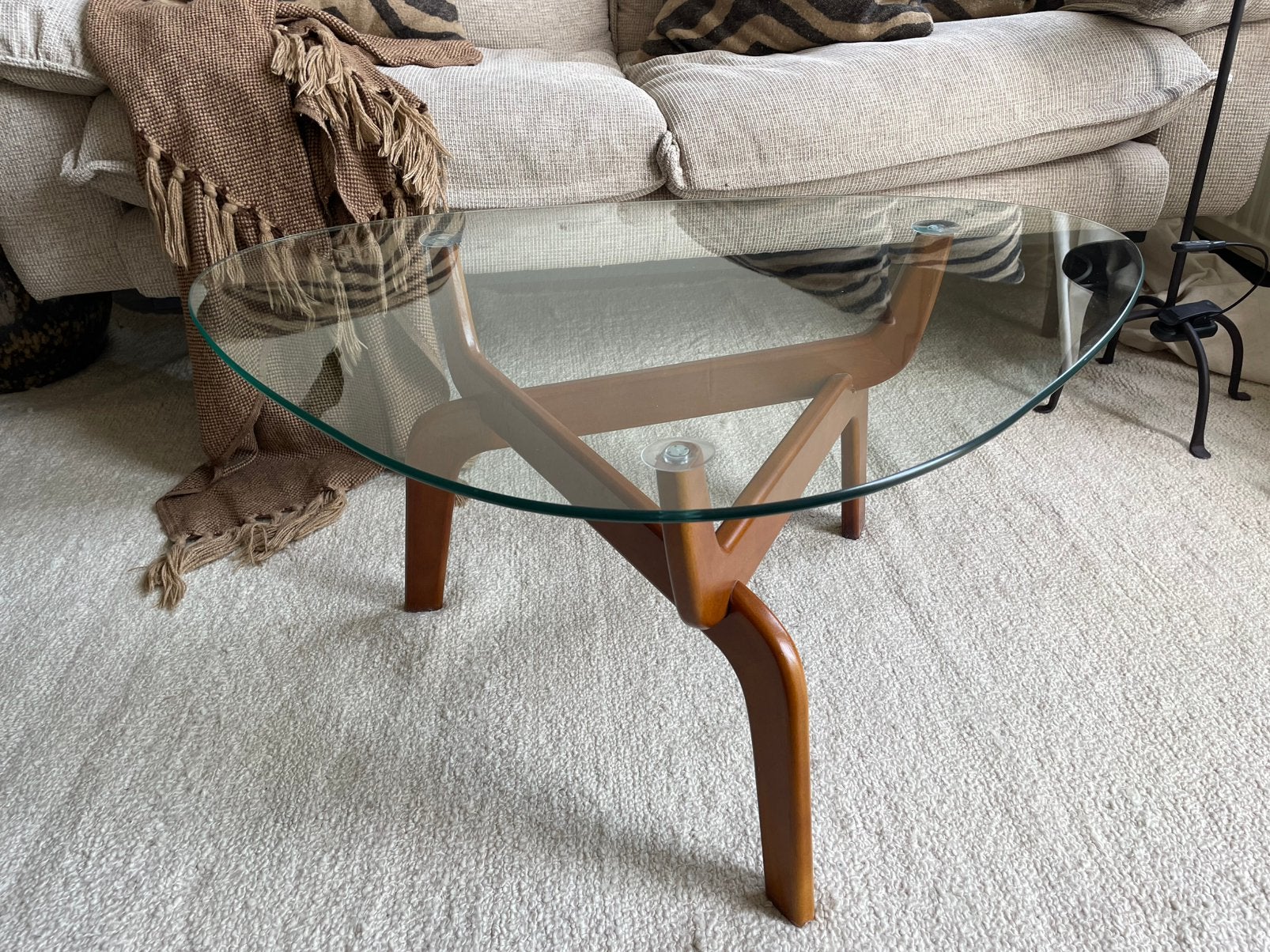 Retro Bijzettafel Hout en Glas, Ophalen, Minder dan 50 cm, Rond, Zo goed als nieuw