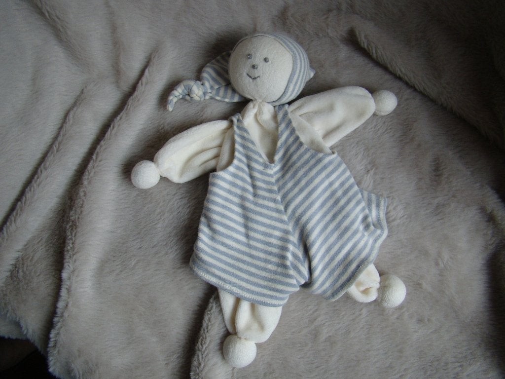 vintage knuffeldoekje pop Unitoys wit grijs gestreept pakje, Overige merken, Ophalen of Verzenden, Zo goed als nieuw, Middelgroot (20 tot 80 cm)