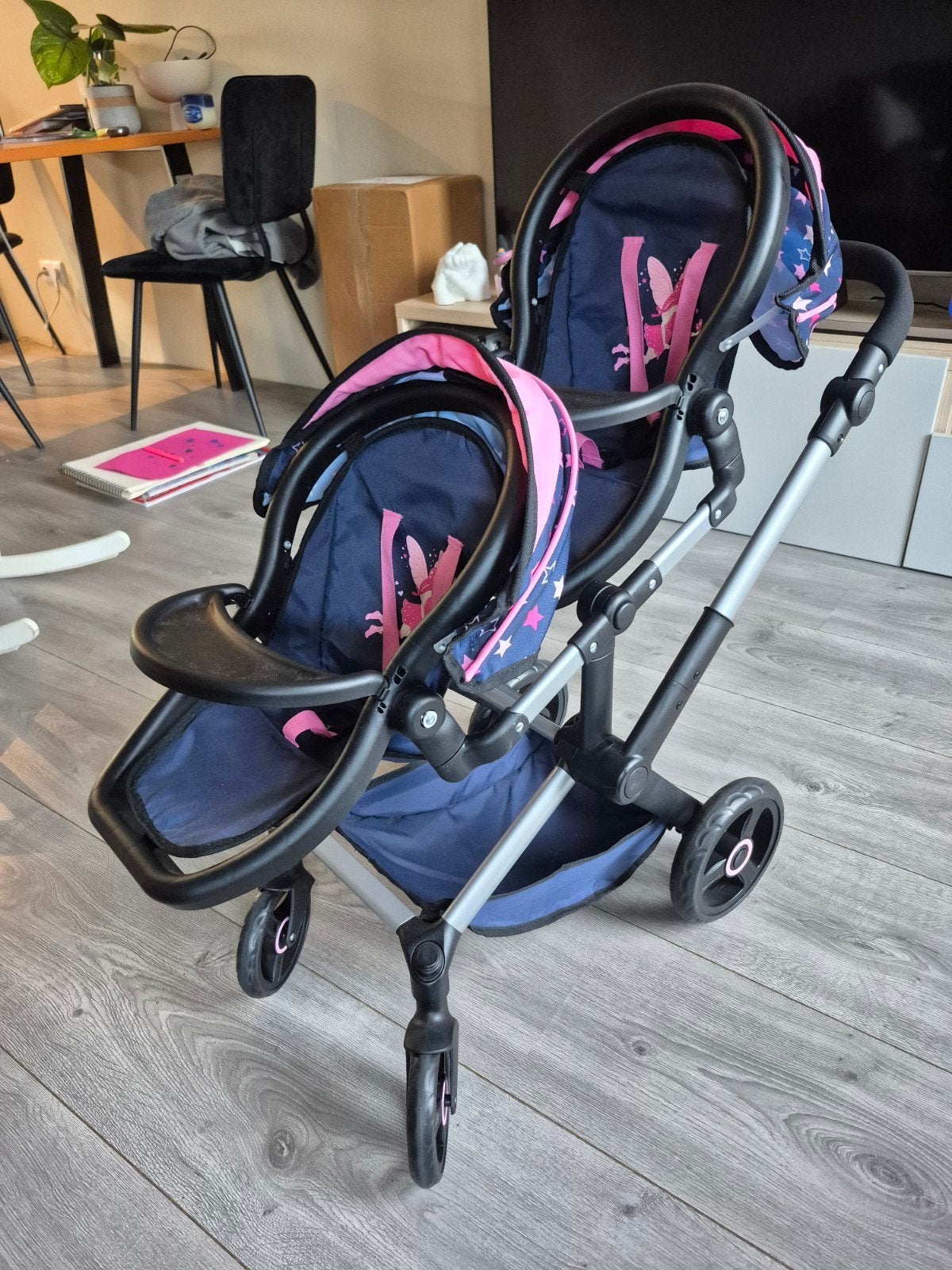 Tweeling kinderwagen voor poppen - Blauw/Roze met sterren, Ophalen, Gebruikt, Babypop