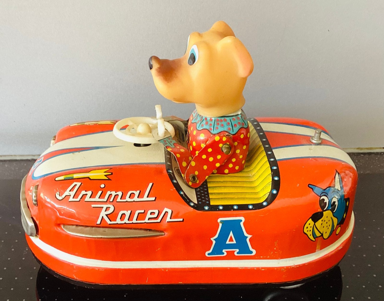 1950-60 Blikken Botsauto mt.hond,Animal Racer KO,Japan,mooi!, Ophalen