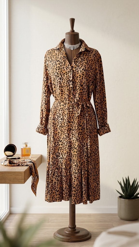 Italiaans 100% zijden jurk met luipaardprint - Nieuw, Kleding | Dames, Maat 42/44 (L), Italiaans merk, Nieuw, Knielengte