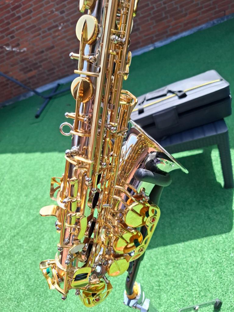 Te koop z.g.a.n deze prachtig alto sax in nikkel en goudlak, Muziek en Instrumenten, Blaasinstrumenten | Saxofoons, Ophalen of Verzenden
