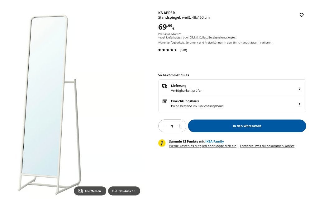 Ikea Knapper staande spiegel, Ophalen, Minder dan 50 cm, Gebruikt, Rond