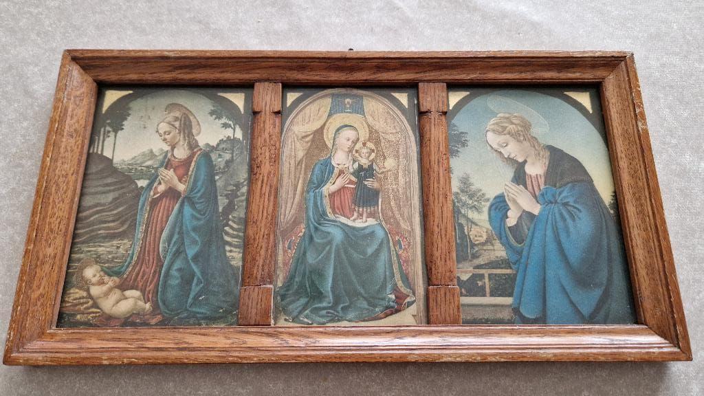 oud religie schilderij met 3 prenten, Ophalen of Verzenden, Gebruikt, Kaart of Prent