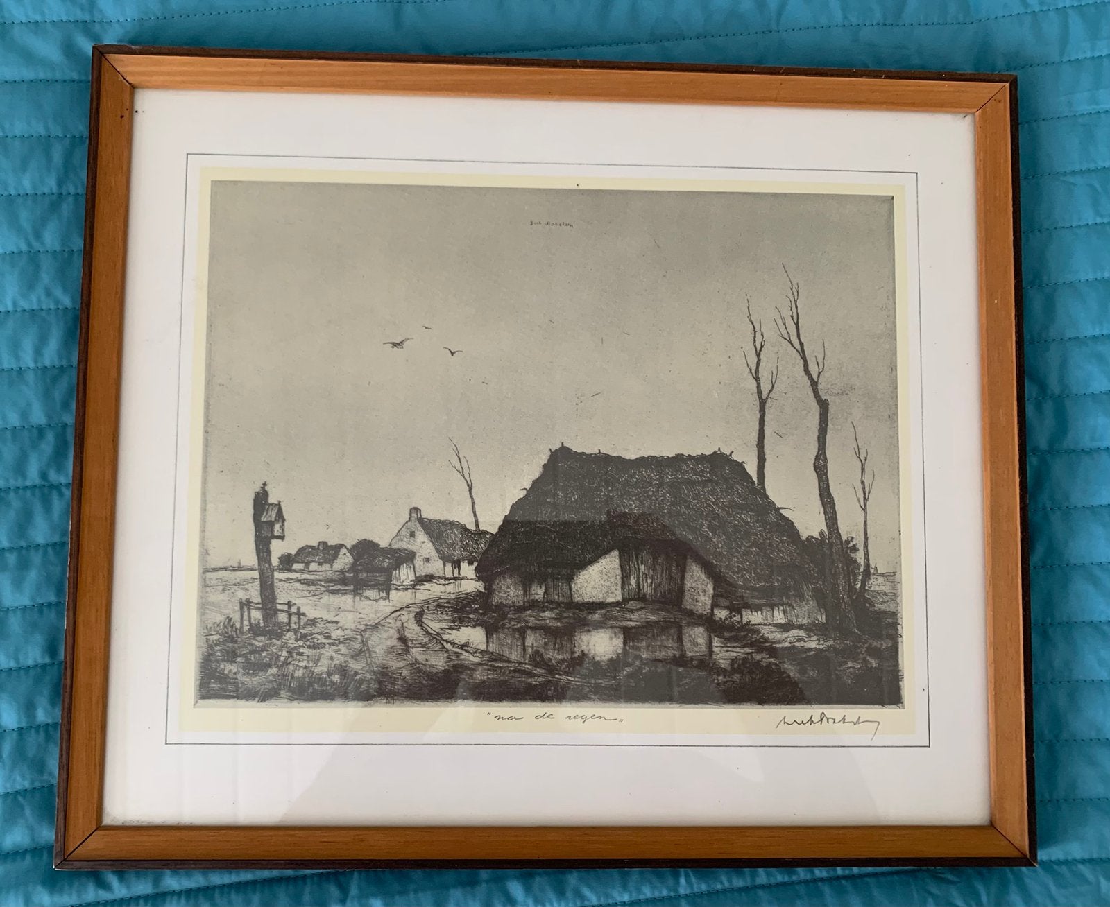 Ingelijste ets van Dirk Baksteen; na de regen, Antiek en Kunst, Ophalen of Verzenden, Gesigneerd, 34 cm, Landschap