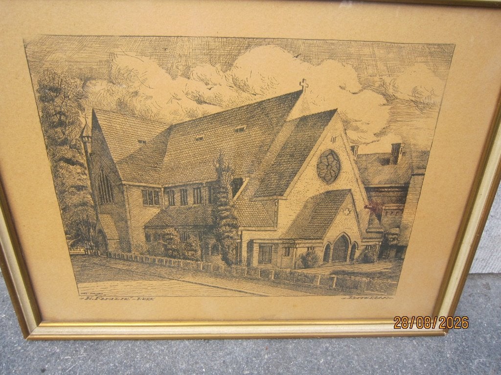Heilige Familiekerk Rotterdam, Noord, Tekening van KLOUWEN, Ophalen of Verzenden, Tekening, Potloodtekening