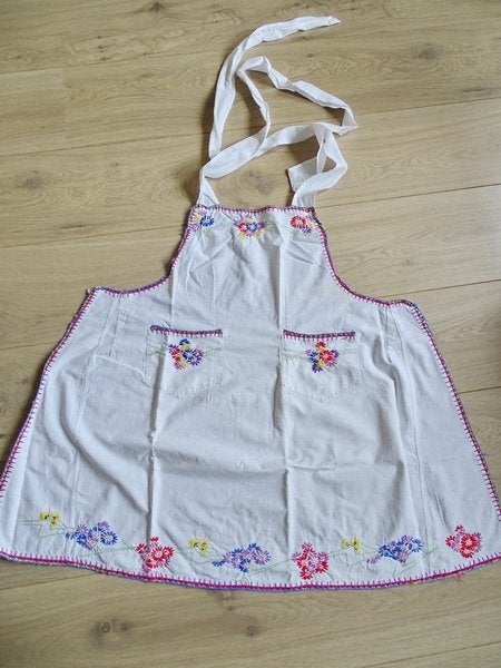Vintage geborduurd schort van katoen, Gebruikt, Wit, Ophalen of Verzenden, Schort