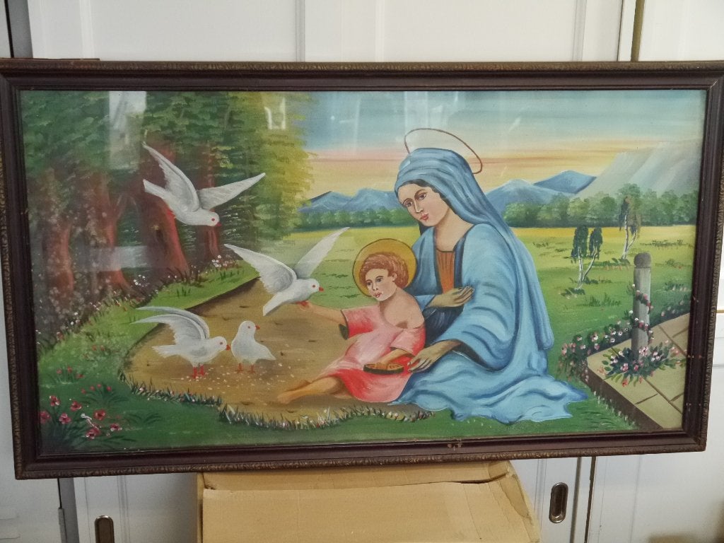 schilderij Jezus, Maria met duiven, Ophalen, Achter glas, Portret of Personen