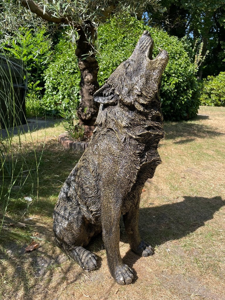 Beeld wolf, Goud, woonkamer, terras, tuin, 75 cm, Ophalen, Nieuw, Kunststof, Dierenbeeld