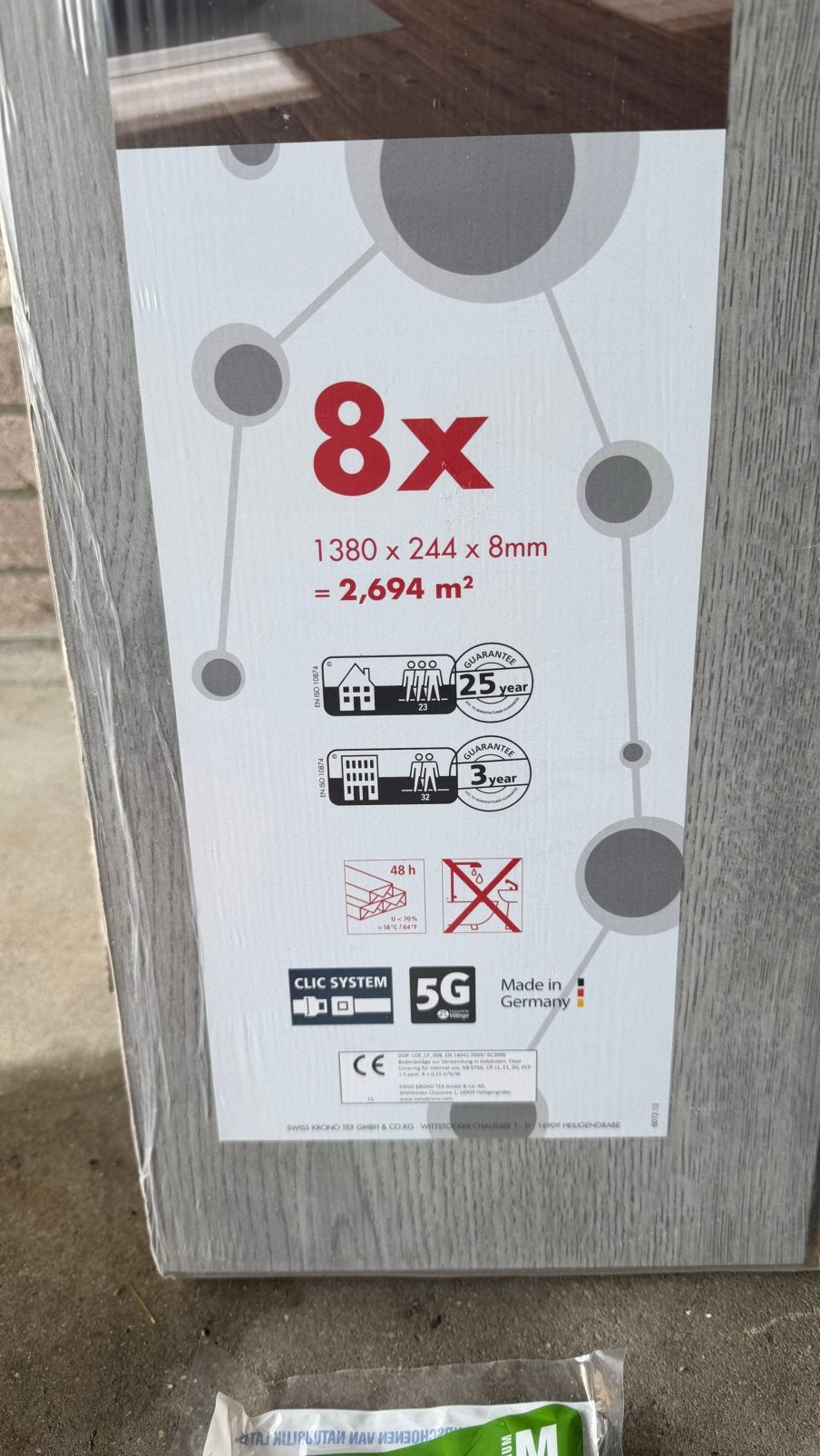 21,5 m² nieuw grijs laminaat – 8 mm – 8 pakken ongeopend, Ophalen, 50 tot 150 cm, Nieuw, 10 m² of meer