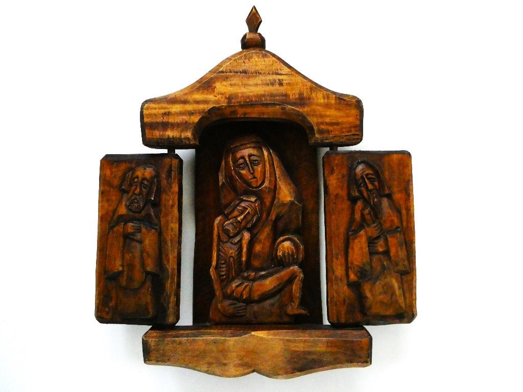 Houten drieluik houtgesneden met Pieta Maria en Jezus, Antiek en Kunst, Ophalen of Verzenden