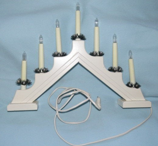Vintage Zweedse houten adventsljusstake wit kerstkandelaar, Diversen, Kerst, Ophalen of Verzenden, Zo goed als nieuw
