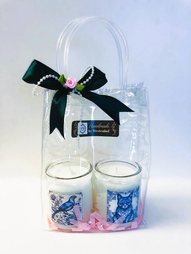 Gift set cadeau kaarsen in glazen delfts blauw kat en vogel, Overige materialen, Verzenden, Wit, Nieuw
