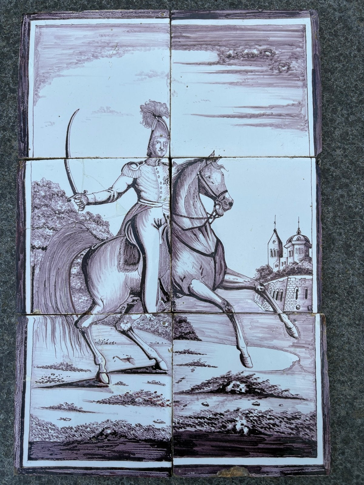 Antiek Mangaan Tegeltableau met Ruiter en Kasteel, Ophalen of Verzenden
