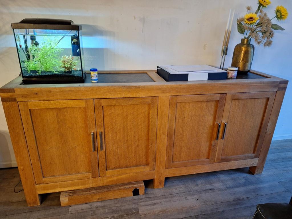 Eikenhouten Dressoir en Vitrinekast Set, Ophalen, Glas, Gebruikt, Met deur(en)