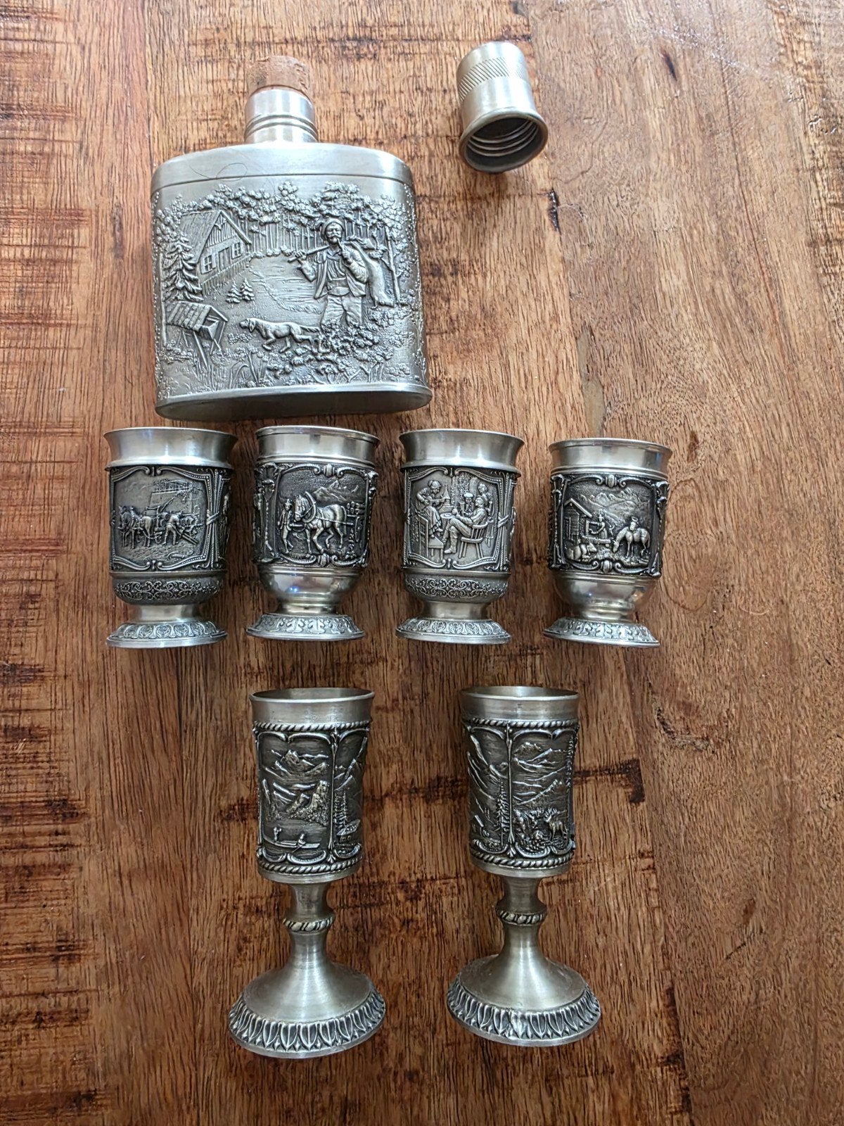 Vintage SKS Zinn 95% Tinnen Heupfles en Borrelglaasjes Set, Ophalen of Verzenden